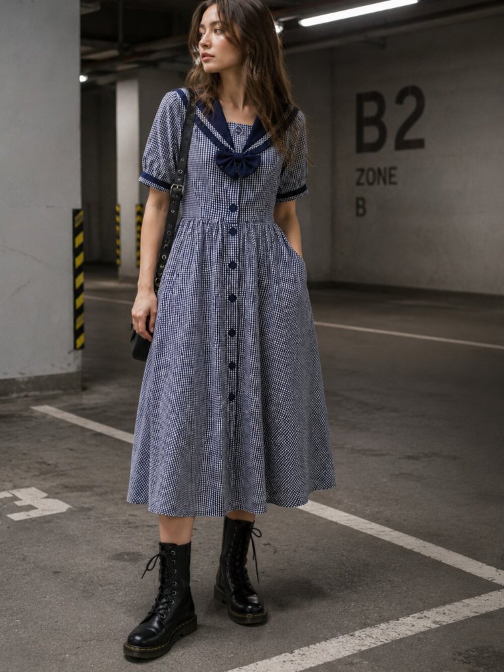 Vintage Cottontail Originals Women Sailor Dress Size 6 Navy Gingham Linen Cotton